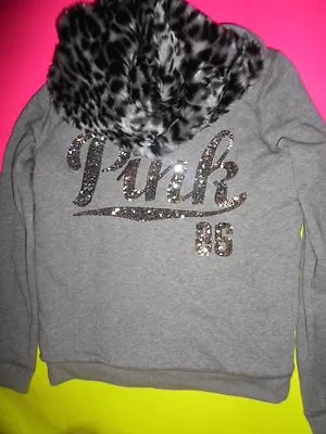 Victorias Secret Pink Bling Hoodie Small Faux Fur Leopard Gray Script Jacket HOT • $179.95