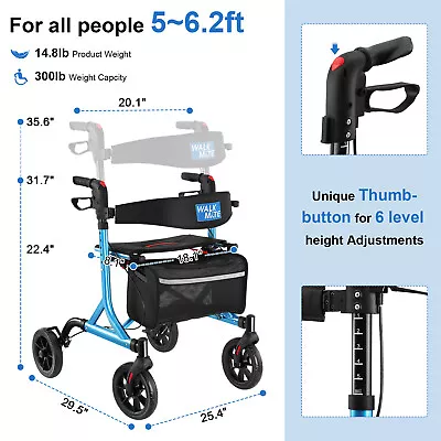 Foldable Rollator Walker Mobility Aid With Four Wheels Seat Backrest For Seniors • $87.95
