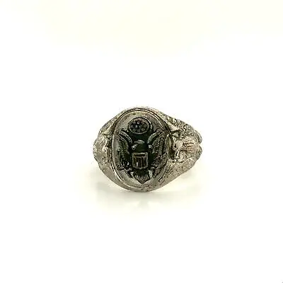 Vintage Signed Sterling Carved US Army Eagle Dome Signet Ring Band Size 10 1/2 • $95