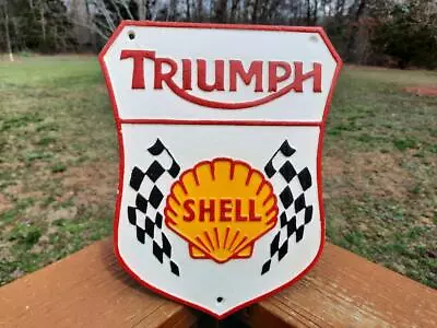 Cast Iron Triumph Motorcycle Shell Clam Sign Plaque Dealer Shop Display Sign • $14.95