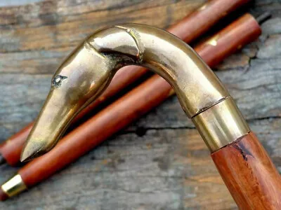 Vintage Victorian Wooden Walking Stick Brass Dog Head Handle Designer Cane Gift • $27.49