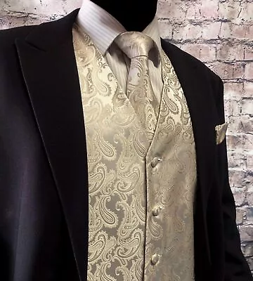 Classic Men Paisley Design Dress Vest And Neck Tie Hankie Set For Suit Or Tuxedo • $27.33