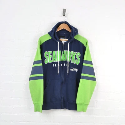 £30 • Buy Vintage NFL Seattle Seahawks Hooded Sweatshirt Full Zip Navy/Green Large