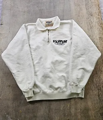 Vintage 90s Edwin Jeans White Quarter-Zip Sweatshirt L • $22.08