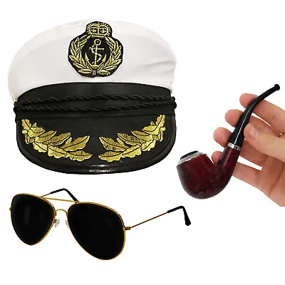 Sailor Captain Hat Pipe & Glasses Fancy Dress Accessory Set Nautical Sea Marine • £10.99