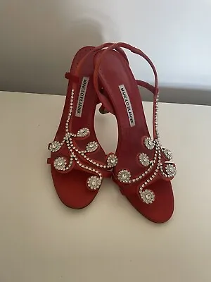 Manolo Blahnik 38.5 Red Crystal Fernusan Strappy Sandals Heels - Hangisi Lurum • £295