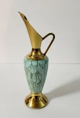 Vintage Delft Brass Jug Ewer 9  Gold Blue Green Marbled  • $19.99