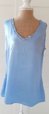 Linea Tesini Ladies Blue Satin Ruffle V Neck Top Blouse Size 14 NEW • £10.49