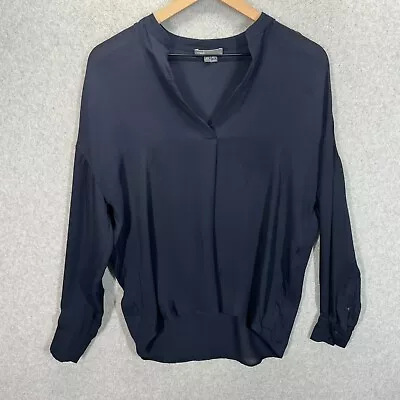 Vince Womens XS Silk V Neck Long Sleeve Relaxed Fit Tunic Blouse Navy Blue EUC • $37.59