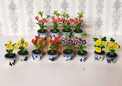 Dollhouse Miniature Lot Of 12 Handmade Beautiful Flowers In Ceramic Pots 1/12 • $19.49