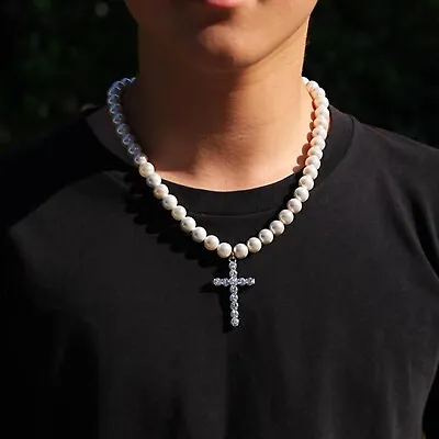 $7.99 • Buy Mens Unisex Silver CZ Cross Pendant Faux White Pearl Decor Necklace Chain 20 