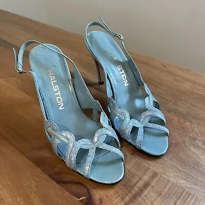 Vintage 70s Halston Strappy Blue Leather High Heels Made In Italy Size 6.5 • $75