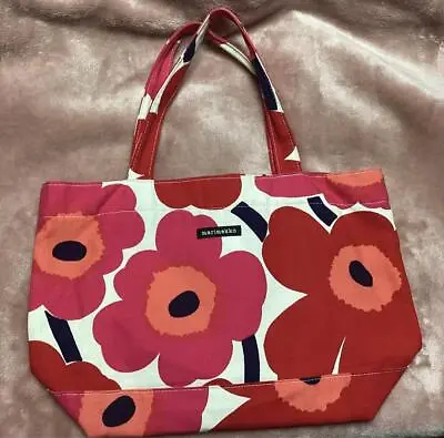 Marimekko Tote Bag Canvas Logo Cotton Floral Pattern Flower Red Pink White Used • $79.66