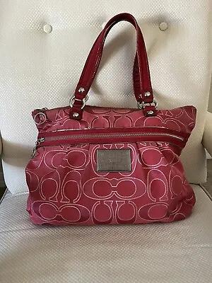 Coach Signature Logo Poppy Lurex Glam Sateen 15389 Red Silver Tote Bag L • $39.99