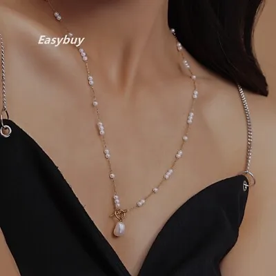 Woman 18K Gold Plated Pure Nature Freshwater Pearl Charm Chain Necklace Toggle • $9.98