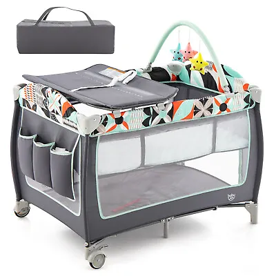4 In 1 Baby Playard W/Toy Bar Folding Pack Play Bassinet Changing Table Green • $89.99