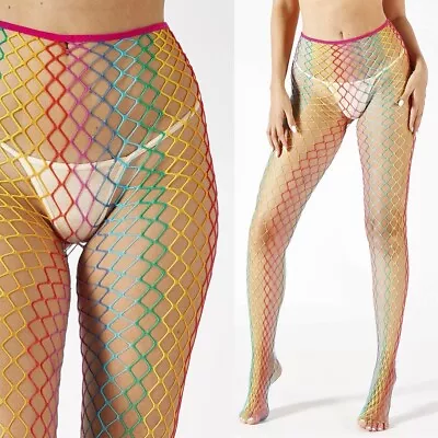 Rainbow Fishnet Tights Medium-net Carnival Parade Pride Rave UK Size 8/10/12/14 • £7.99