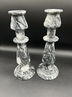 Pair Of Alabaster Candlesticks Carved Marble Black Gray White Candle Holders 8  • $18.50