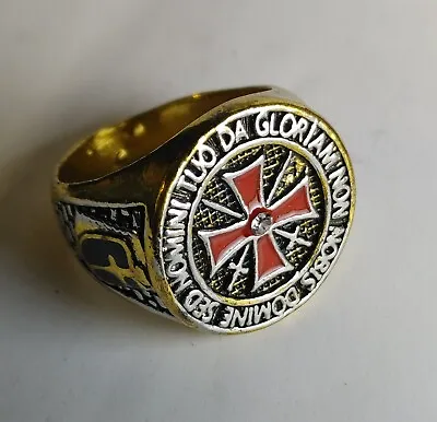 Men's Red Cross Cz Knights Temblor Ring Masonic Gold Tone Stainless Steel Size15 • $18