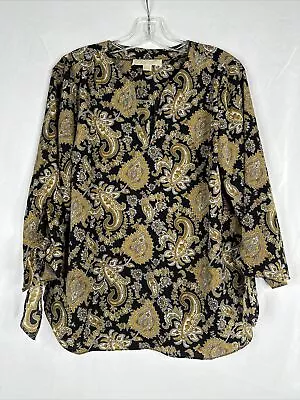 Michael Kors Top Blouse Womens Size L Black Yellow Paisley 3/4 Sleeve BOHO • $22.77