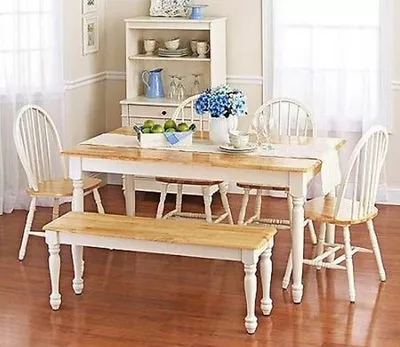 6 Pc White Dining Set Dinette Sets Bench Chair Table Kitchen Room Chairs Oak • $614.95