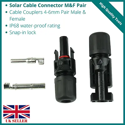 Solar Panel Photovoltaic Connector - MC4 Solar Cable Connector M&F Pair • £5.95