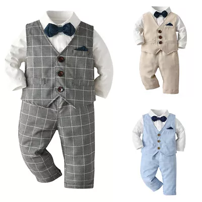 £4.99 • Buy Baby Boy Gentleman Outfits Birthday Party Shirt Top Bowtie Check Vest Pants Suit