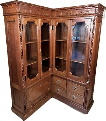 Antique Victorian Oak Corner Bookcase • $3350