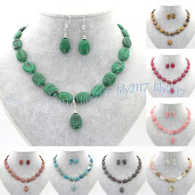 Natural 13x18mm Multicolor Gemstone Oval Beads Pendant Necklace Earring Set 18'' • $6.29