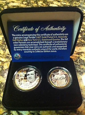 Babe Ruth Yankees 24kt Gold Jfk Half Dollar & Ny U.s Statehood Quarter! Case!!! • $29.99