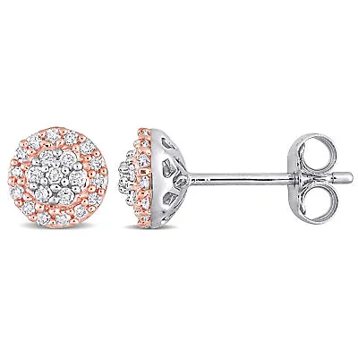 Amour White & Rose Plated Sterling Silver Diamond Vintage Halo Stud Earrings • $111