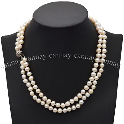 2 Rows Real Natural 7-8mm White Freshwater Cultured Pearl Beaded Necklace 17-18  • $22.99