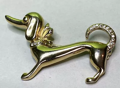 Vintage Gold Tone Dachshund Dog Brooch Pin W/Rhinestone Accents Curved Tail • £4