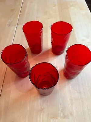 Set Of 5 Vintage Crinkle Ruby Red 12 Oz. Morgantown 5 Inches Flat Tumbler • $25