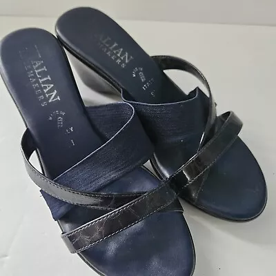 Italian Shoemakers Navy Blue Wedge Slip On Sandals Shoes Size 9M • £18.31