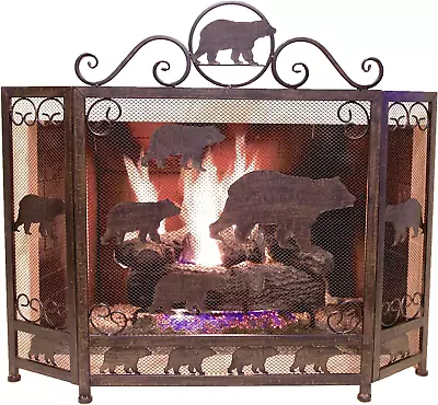 Decorative Metal Heavy Foldable Fireplace Screen With Bears In Brown Metal Mesh • $125.54