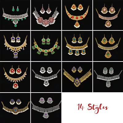 Ethnic Indian Gold Plated Kundan Choker Pearl Rhinestone Necklace Earring Set • $18.61