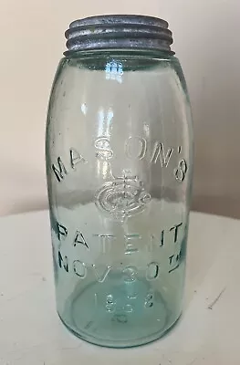 RARE ANTIQUE MASON'S CFJ PATENT NOV 30TH 1858 Aqua CANNING JAR With Zinc Lid • $35.99