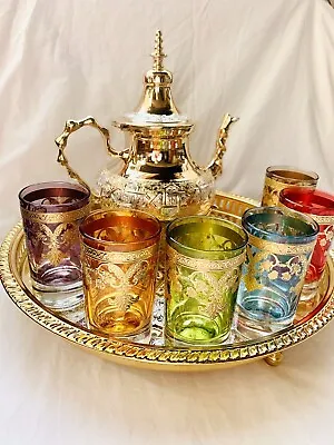 Moroccan Handmade Tea Set 6 Tea Glasses Teapot Tea Tray Luxury Homeware • $325