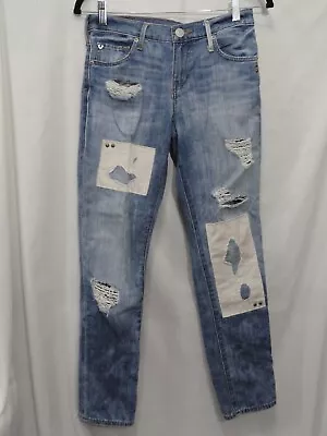True Religion Cameron Slim Boyfriend Patch Jeans EFCM Mended St Women's Size 26 • $19.99