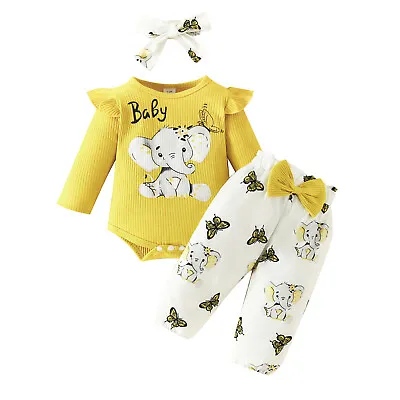 3Pcs Newborn Baby Girls Elephant Printed Romper Bow Pants Headband Outfits Sets • £9.99