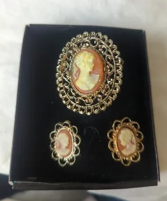 Vintage  3 Pc Set Gold Tone Cameo Brooch With Matching Earrings • $19.99