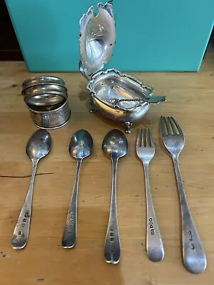 Vintage Solid Silver 189.07g Hallmark. Spoons Forks Towels Ring Mustard Pot. • £11.50