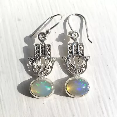 Hamsa Fire Opal Dangle Earrings Sterling Silver • $48.60