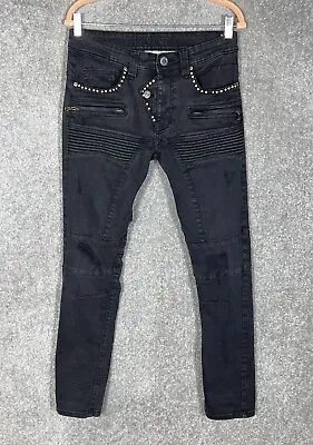 Elite Rhinestone Studded Distressed Moto Jeans Mens Size 30x32 Stretch Black • $27.99