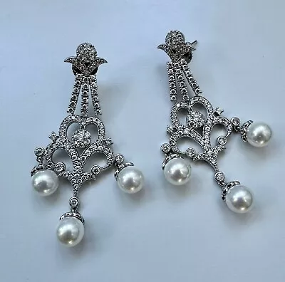 Vintage Diamante Set Triple Pearl Drop Chandelier Silver Bridal Earrings • £16.99