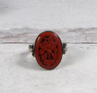 Vintage Sterling Silver Carved Cinnabar Flower Berry Cherry Ring 6.25 • $40