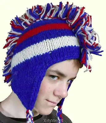 Beanie Mohawk RED WHITE & BLUE Winter Hat Hand Knit 100% Wool Polyfleece Lined • $9.78