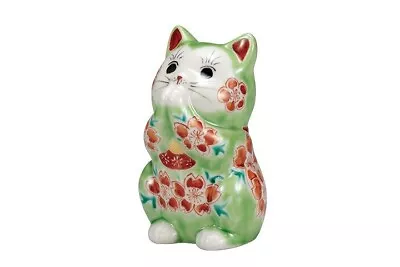 Maneki Neko KUTANI YAKI WARE Japanese Lucky Beckoning Cat Pray Green Japan 9.5cm • $123.40