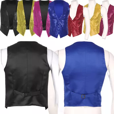 Mens Sequin Vest Tuxedo Waistcoat Shiny Slim Fit V-Neck Coats Dance Party Jacket • $14.52